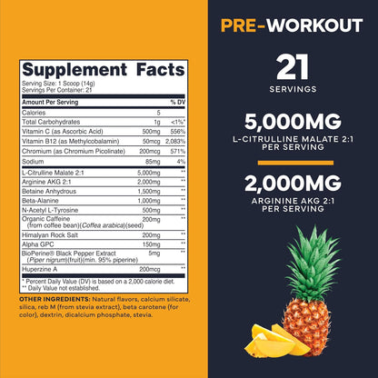 Type Zero Clean Pre Workout Powder (Pineapple Mango) 21 Servings | 200mg Natural Caffeine, L-Citrulline Malate, Beta Alanine, Alpha GPC, Huperzine A, Himalayan Salt, Sugar Free