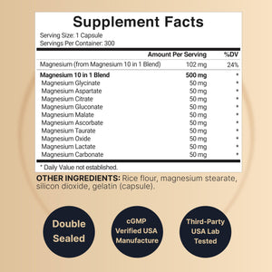 Magnesium Complex 500mg, 300 Capsules | 10-in-1 Magnesium Glycinate, Citrate, Malate & More | Chelated Form for Easy Absorption | Non-GMO NatureBell buy supplements Au