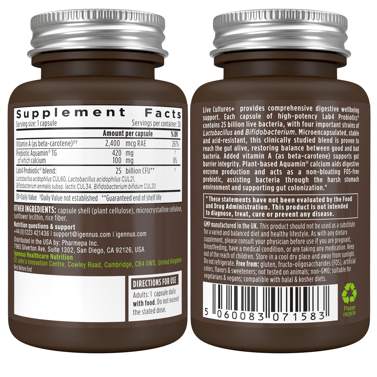 Igennus Live Cultures+ Lab4, Lactobacillus Acidophilus & Bifidobacterium | Lactis & Bifidum, 2 in 1 Probiotics & Prebiotic, 25 Billion CFU, Gut Health Support, Non-Bloating, Non-GMO, 30 Capsules