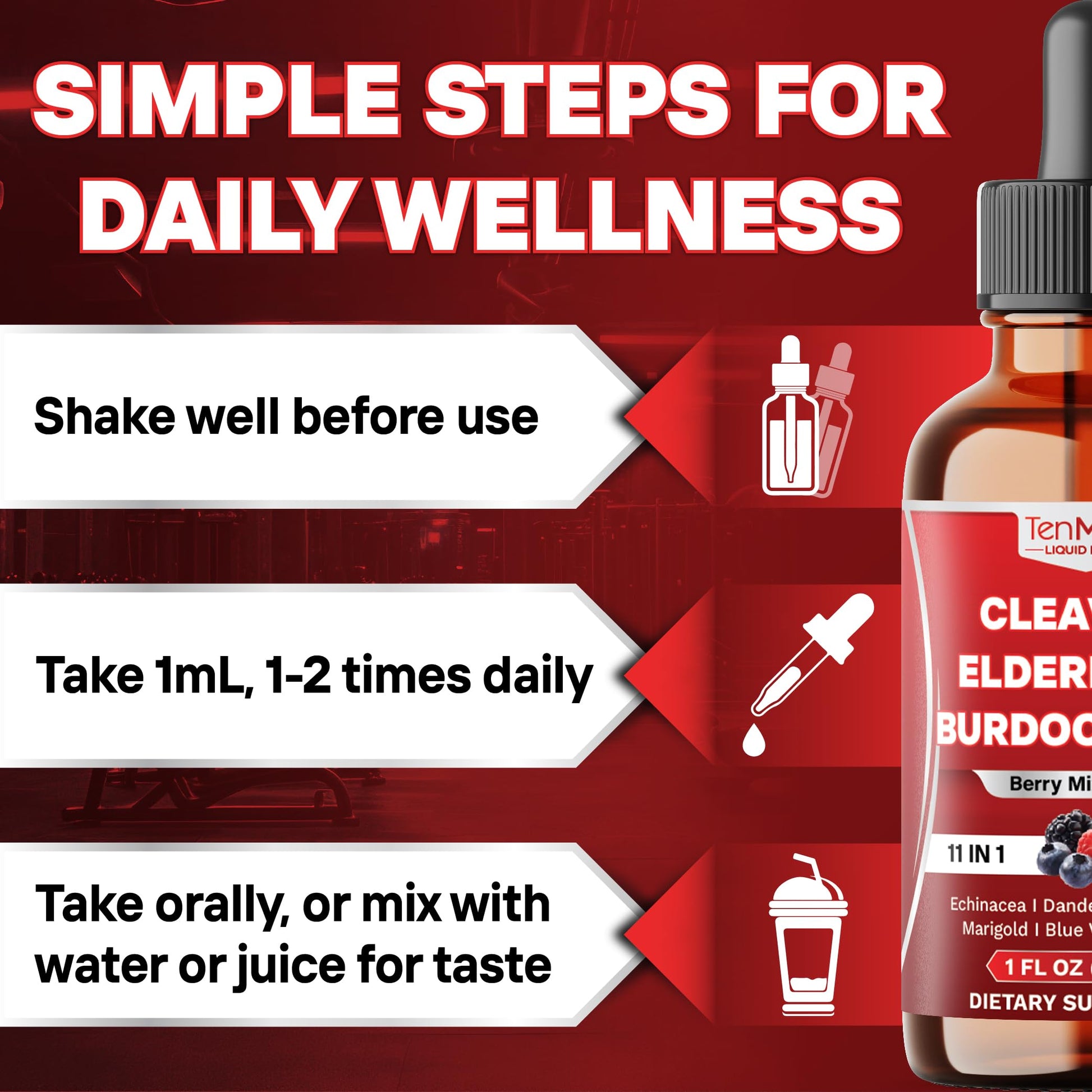 Tenmido 11in1 Lymphatic Drainage Drops with Cleavers, Elderberry, Burdock Root, Echinacea, Dandelion, Red Clover, Marigold, Blue Vervain, Ginger, Licorice, Rosehip - 30 Days Supply - 1FL Oz Tenmido buy supplements Au