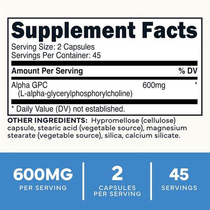 Type Zero Ultra Clean Alpha GPC Choline Supplement (600mg) 90 Capsules | Soy Free, GMO-Free Nootropics Alpha GPC 600mg / 300mg, Brain Memory and Focus Supplements, 45 Servings