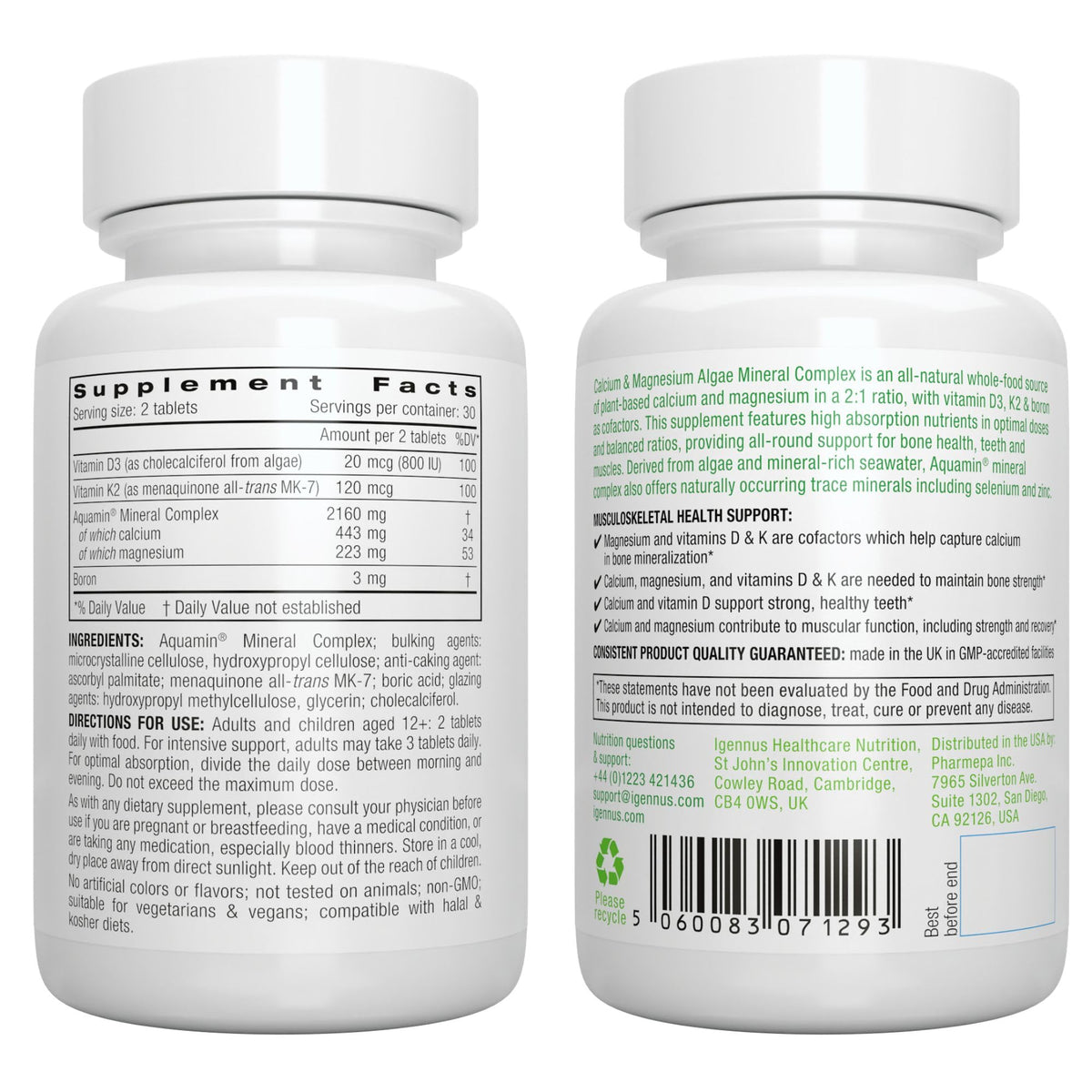Igennus Red Algae Calcium Magnesium Complex, Comprehensive Bone Support with K2, D3 & Boron, High Absorption Minerals, Vegan & Plant Based, Non-GMO, 60 Tablets
