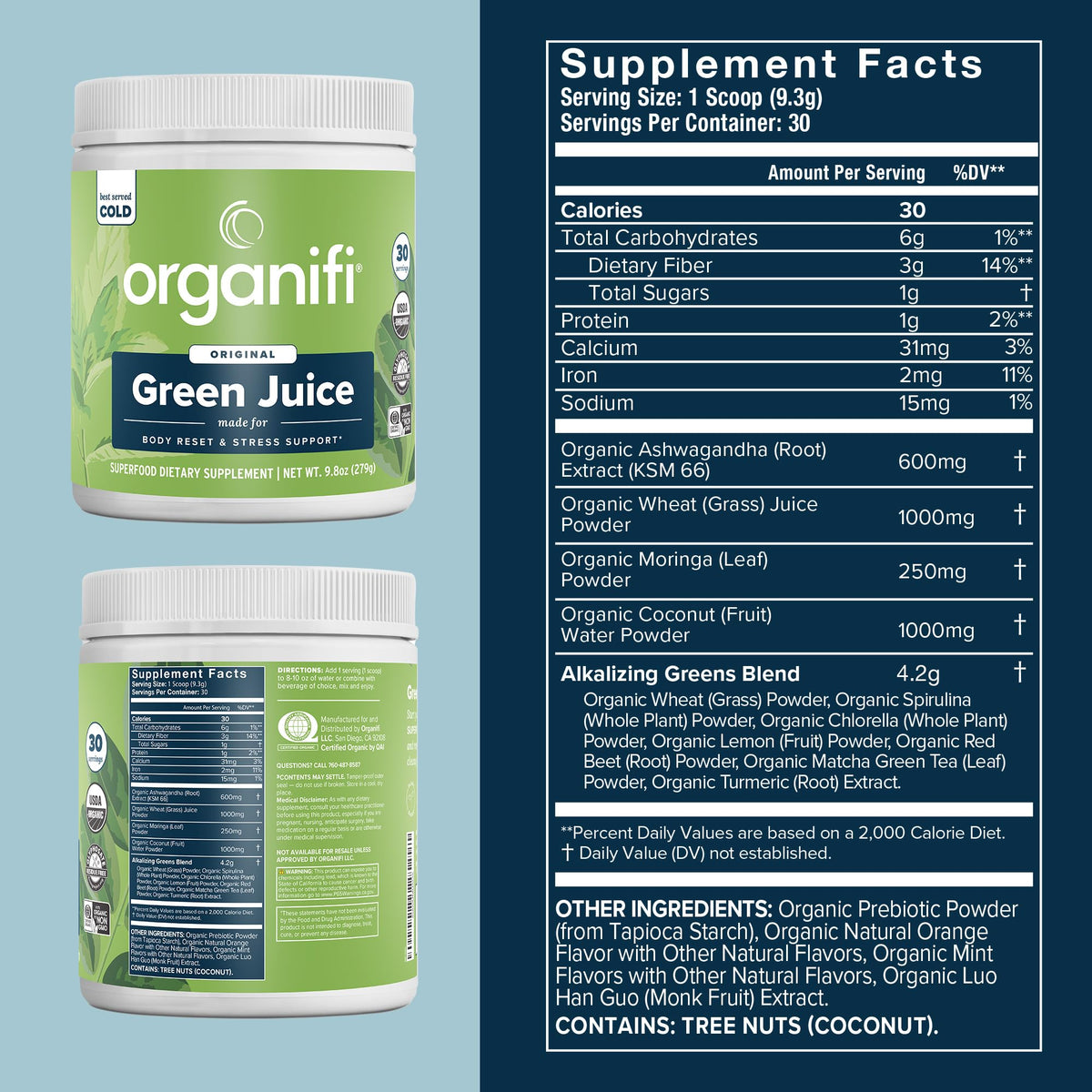 Organifi Green Juice - Powder Supplement with Organic Spirulina, Ashwagandha, and Chlorella - Helps Achieve Fitness Goals and Reduce Cortisol Levels, 30-Day Supply