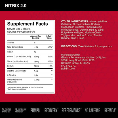 BSN NITRIX 2.0, Workout Supplement, Nitric Oxide Precursors, 3g Creatine, 3g L Citrulline, L-Citrulline, Supports Workout Performance, Pumps, Muscle Recovery