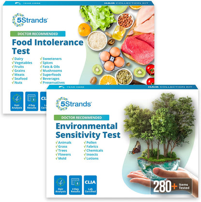 5Strands Food Intolerance & Environmental Sensitivity Test, at Home Hair Analysis for Adults & Kids, Pinpoint Digestive Stressors & External Exposures, Results in 4 Days