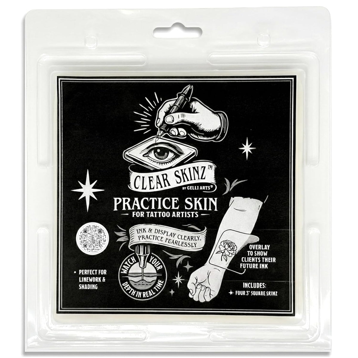 Gelli Arts 3 in Square Tattoo Skin – Set of 4 Kit – Lifelike Clear Skin For Practicing Tattooing & Microblading – Compatible with Ink & Acrylic Paints – CLEAR SKINZ Collection
