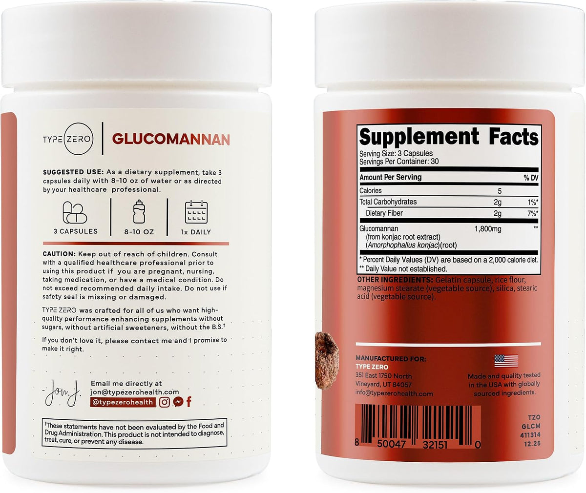 Type Zero Clean Glucomannan Konjac Root Extract (1,800mg) 90 Capsules | Gluten-Free, GMO-Free, 30 Servings