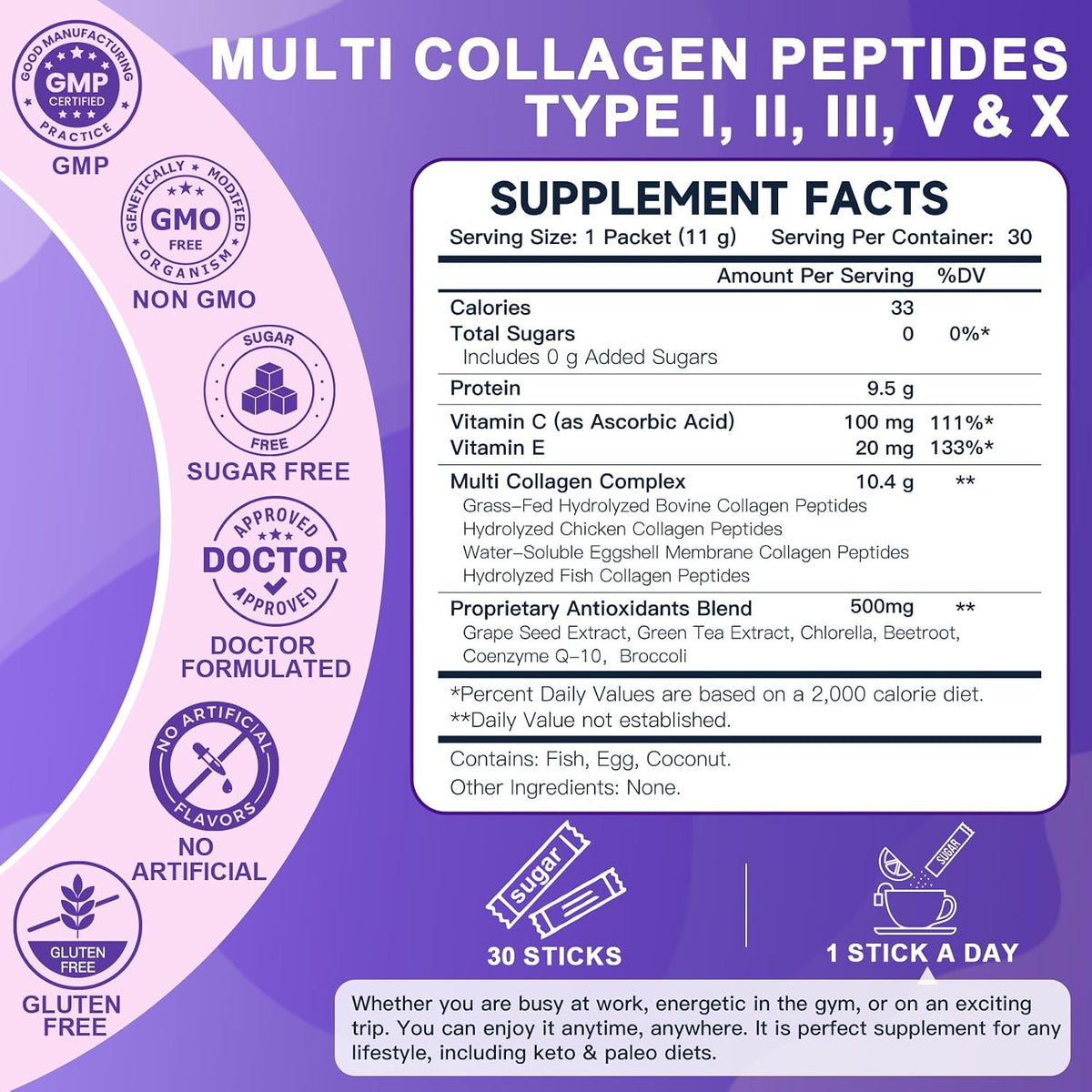 DRFOSTER Multi Collagen Peptides Powder Packets for Women, 30 Sticks Packs | Types I, II, III, V and X, with Antioxidant Blend + Vitamin C & E for Skin, Hair, Nails and Joint Support, Non-GMO