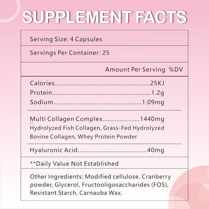 OMOGS Collagen Peptides Capsule，Naturally Sourced Hydrolyzed Collagen with prebiotic & Cranberry Extract - Hair, Skin, Nail, Joint, Digestive Health & Immune Support, Non-GMO, 100 Capsule