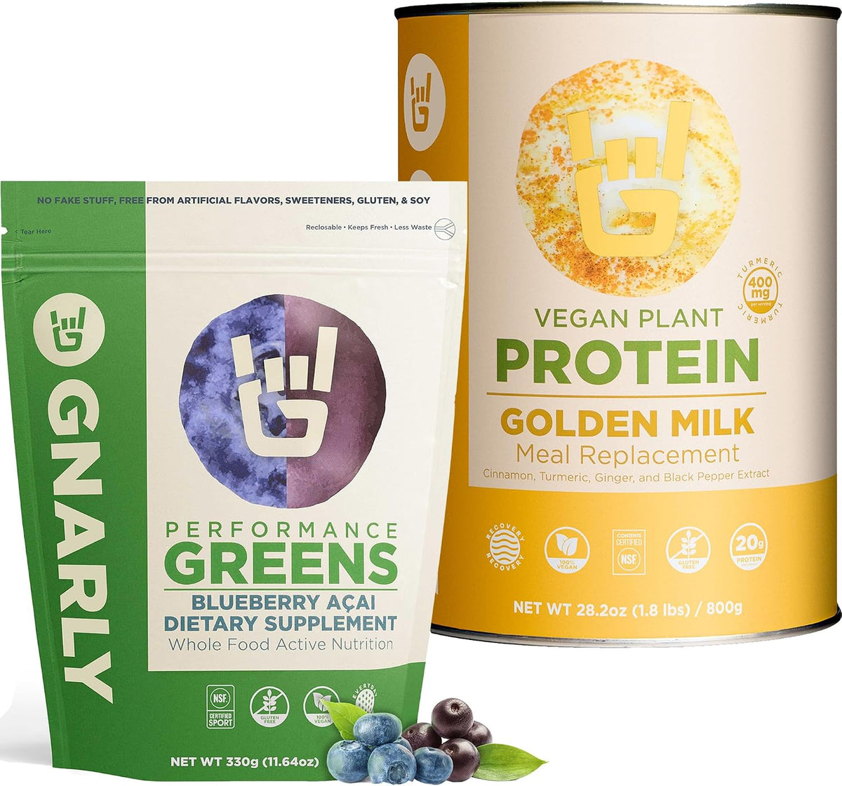 Golden Milk Vegan Protein Powder and Gnarly Performance Greens Blueberry Açai, (11.64 oz)