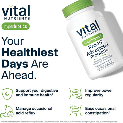 Hyperbiotics Vital Nutrients Pro-15 Advanced Probiotics for Women and Men | 15 Strains + Kiwifruit | Clinically Studied Daily Probiotics for Digestive Health, Gas, & Bloating | 30 Vegan Tablets