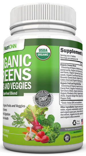 Organic Super Greens Capsules - Fruit And Vegetable Supplements - 120 Count - 28 USDA Organic & Vegan Premium Ingredients - Superfood Blend For Immune Health, Digestion & Energy - Whole Food Vitamins NutriONNBuy Supplements Australia
