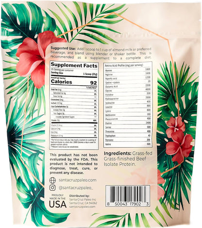 Santa Cruz Paleo, Beef Isolate Protein Powder, Au Naturel, Rich in Collagen Peptides for Protein Shakes or Smoothies, Gluten Free, Keto, Paleo, Unflavored, Unsweetened,1.1lbs (20g Protein Per Serving)
