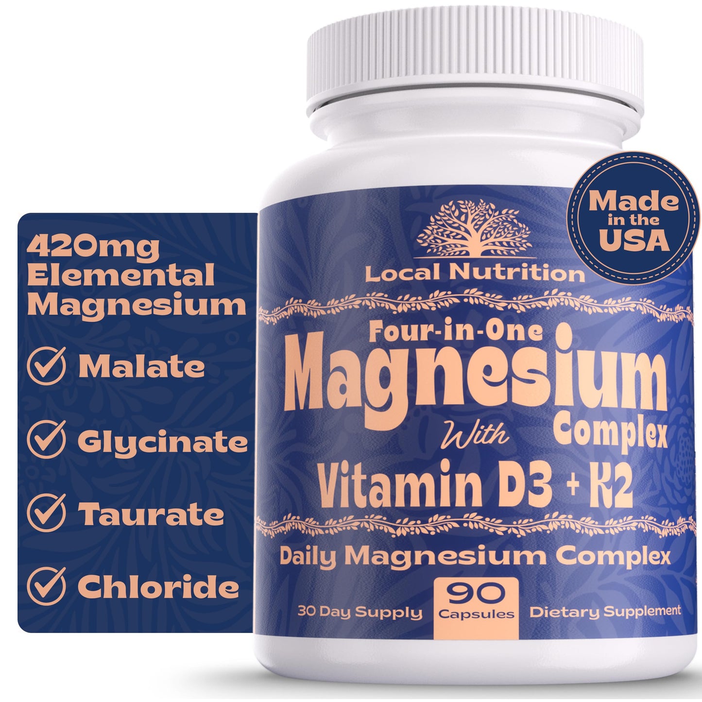 Supplement bottle labeled 'Four-in-One Magnesium Complex with Vitamin D3 + K2' by Local Nutrition on a white background.