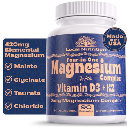 Supplement bottle labeled 'Four-in-One Magnesium Complex with Vitamin D3 + K2' by Local Nutrition on a white background.