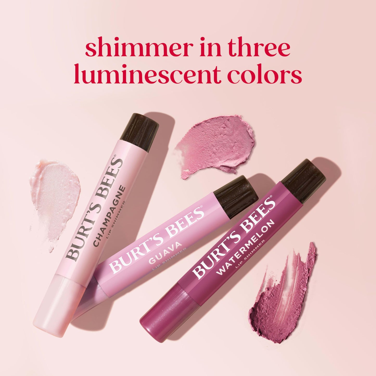 Burt's Bees Lip Shimmer Pink Collection, Tinted Lip Balm Stick, Moisturizing for All Day Hydration with Natural Glowy Pigmented Finish & Buildable Color, 3 Shades, Value Pack, 0.09 oz., Three Tubes