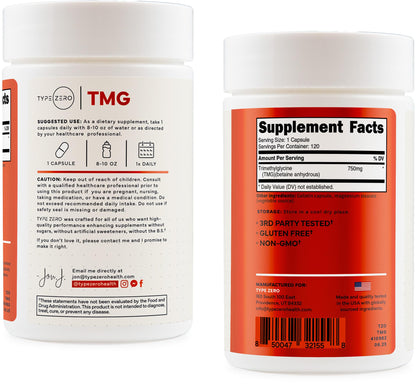 Type Zero Clean TMG (Trimethylglycine) 750mg, 120 Capsules, Gluten Free | GMO-Free