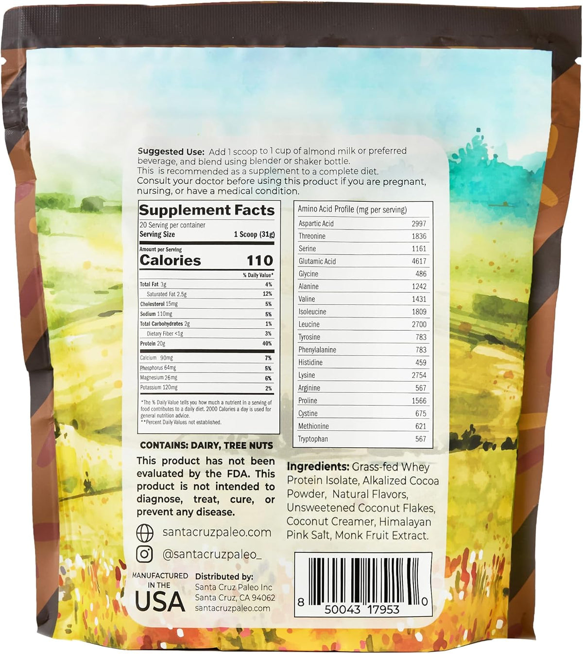 Santa Cruz Paleo Whey Protein Powder, Coconut Cookie, 20 G Grass Fed Whey Protein Isolate Per Serving, Gluten Free, Paleo & Keto Friendly, No Sugar Added, Protein Shake Mix, 20 Servings, 1.2 lb Bag