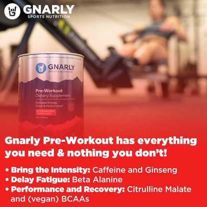 Gnarly Nutrition Natural Pre-Workout Powder, Strawberry Lemonade – NSF Sport Certified, Endurance & Recovery – Vegan Pre-Workout, Sports Nutrition – Strawberry Lemonade with Caffeine, 14.82 oz