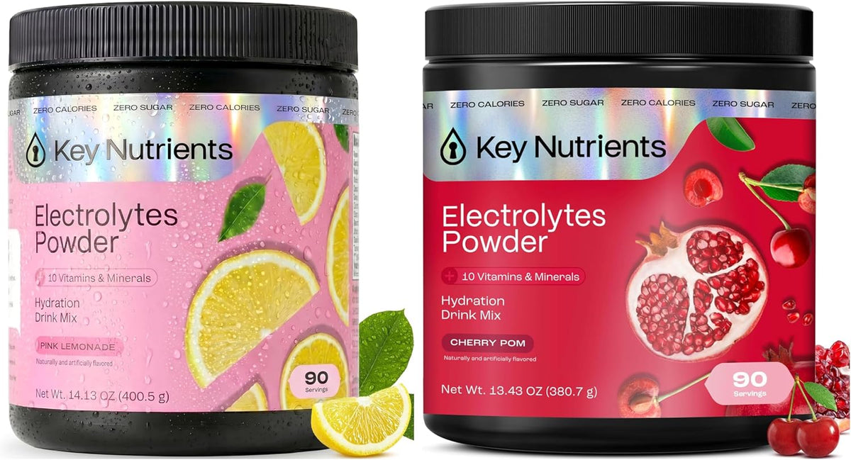 KEY NUTRIENTS Electrolytes Powder Bundle, Fresh Pink Lemonade 90 Servings Jar + Sweet Cherry Pom 90 Servings Jar, Sugar Free Hydration Drink Mix with Vitamins & Minerals, No Calories