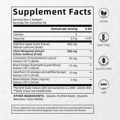 Citrus Bergamot with Aged Black Garlic Extract Softgels, 1160mg Cholesterol Support Supplement, 80% Polyphenols Bergamot Supplement for Heart, Circulation