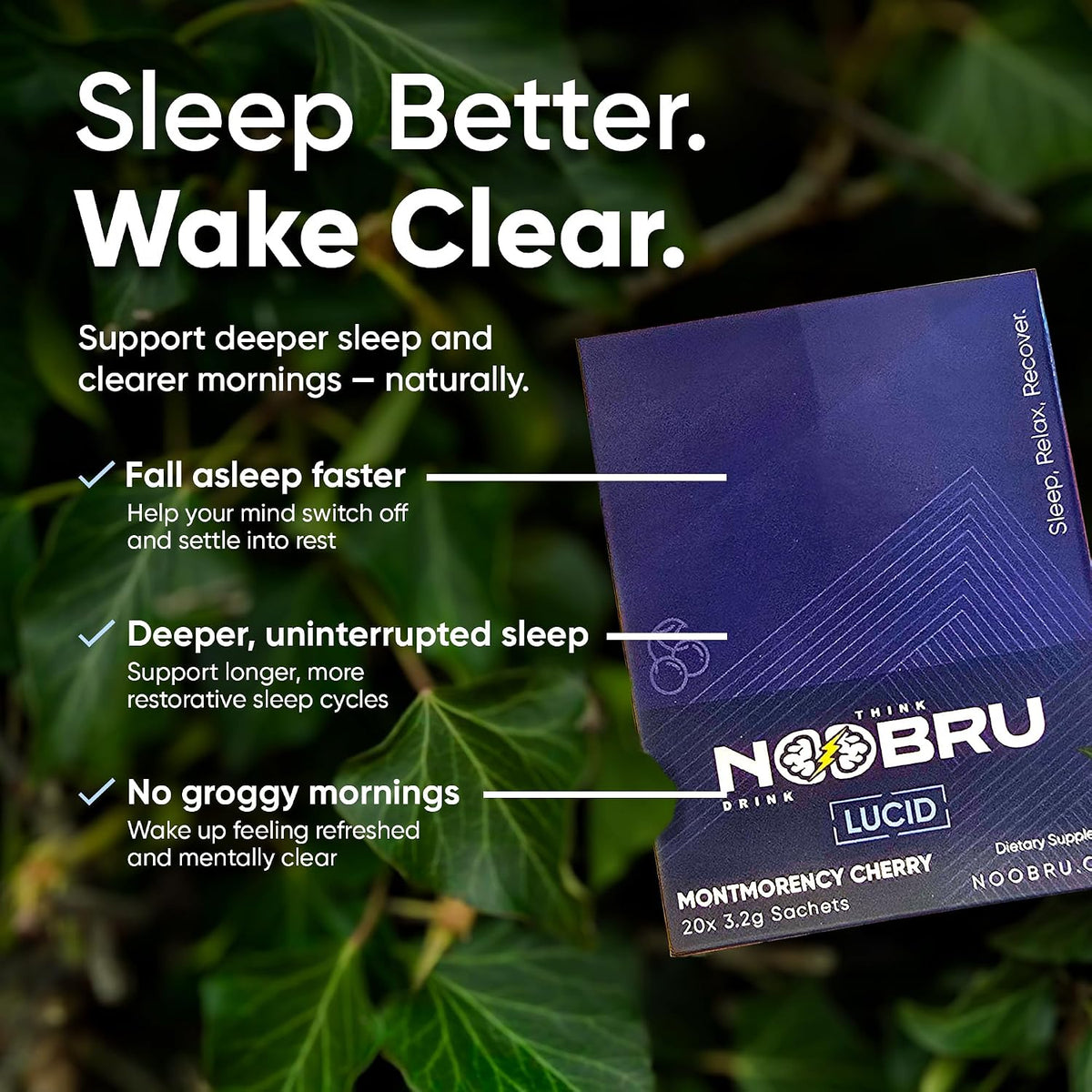 Noobru Lucid Nootropic Sleep Powder Drink for Deep Quality Dream Sleep with Magnesium, Ashwagandha, Valerian, Lemon Balm and Vitamin D for Deep, Quality Sleep, Stress and Restoration.
