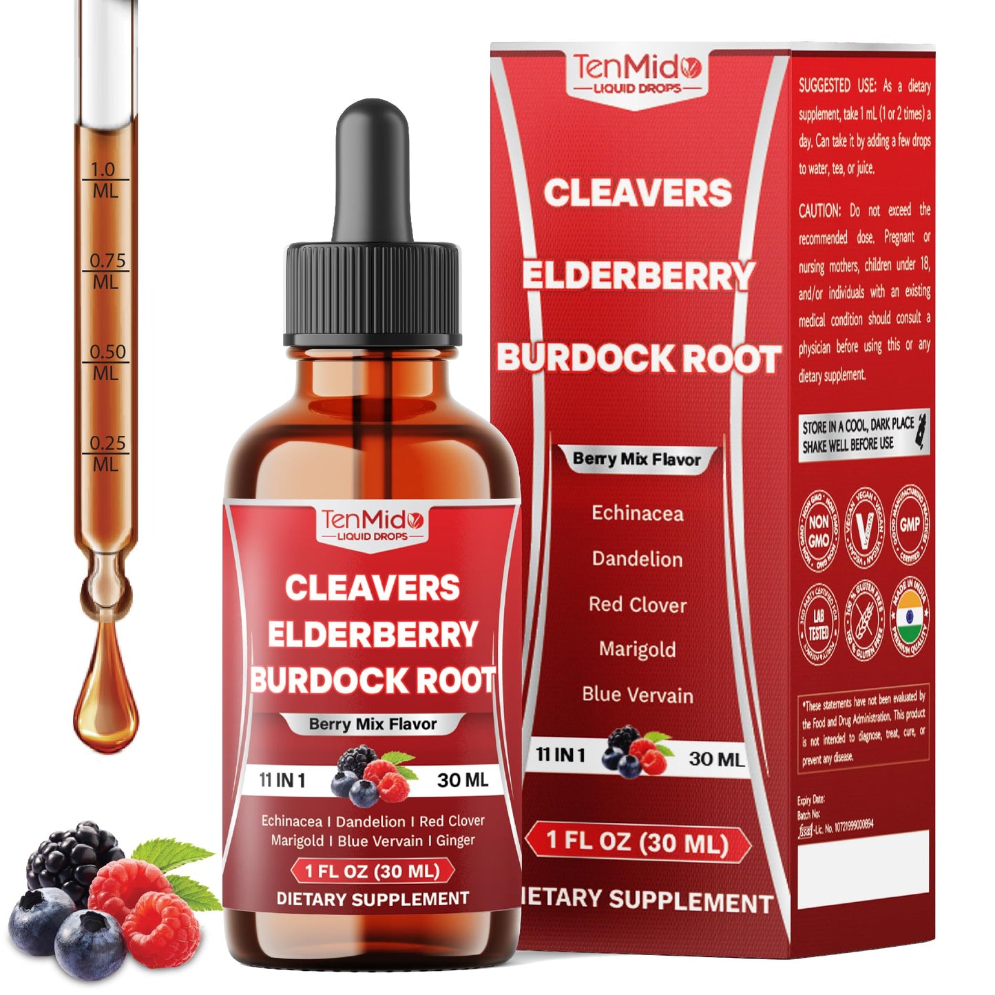 Tenmido 11in1 Lymphatic Drainage Drops with Cleavers, Elderberry, Burdock Root, Echinacea, Dandelion, Red Clover, Marigold, Blue Vervain, Ginger, Licorice, Rosehip - 30 Days Supply - 1FL Oz Tenmido buy supplements Au