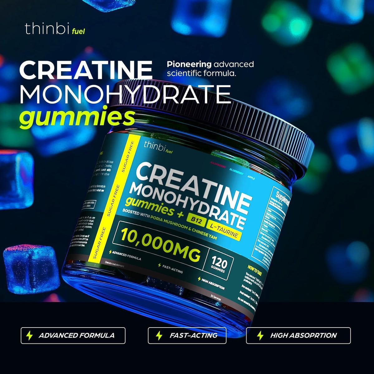 Thinbi Creatine Gummies for Women & Men, Monohydrate, Blueberry, 120 Count