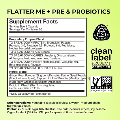 HUM Flatter Me Plus Digestive Enzymes, Prebiotics & Gut Health, 60 Count