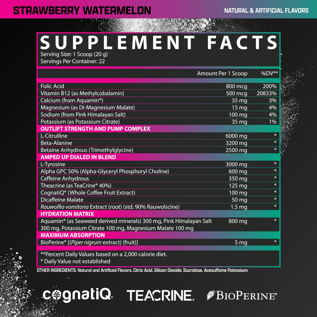 OUTLIFT Amped Max Dosed HIGH STIM Pre Workout Powder 6G Citrulline, 3.2G Beta Alanine, Alpha GPC, CognatiQ, Extreme Energy, Massive Pumps, Electrolytes (Strawberry Watermelon, 22 Servings)