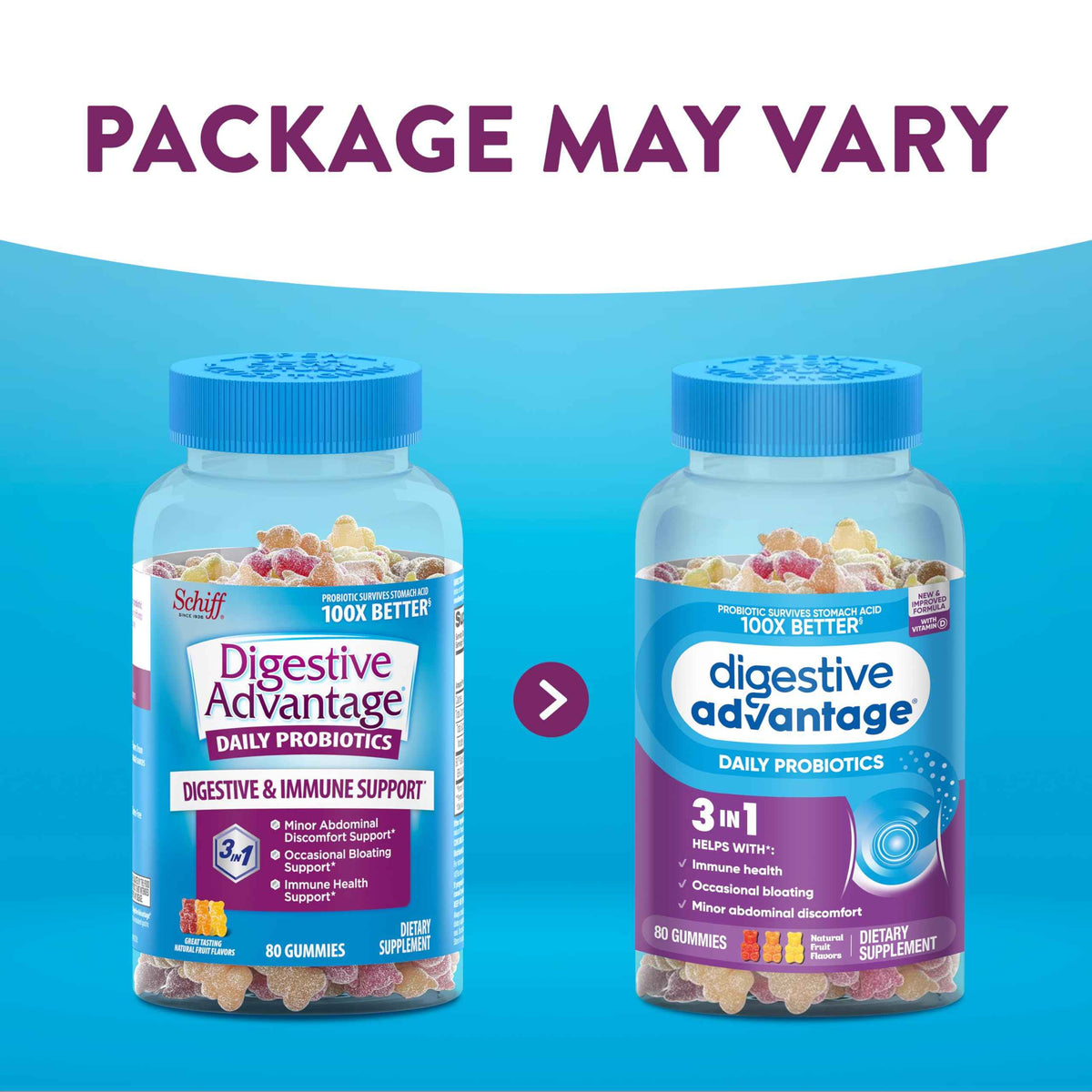 Digestive Advantage Probiotic Gummies For Digestive Health, Natural Fruit Flavors Vitamin D, Daily Probiotics For Women &Men Occasional Bloating, Minor Abdominal Discomfort & Gut Health, 80ct (2 Pack)