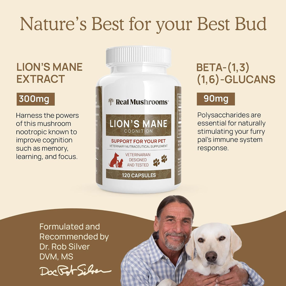 Real Mushrooms Lions Mane for Humans (60 Servings) and Pets (120ct) - Powder & Capsules Bundle for Cognition & Immunity - Vegan, Non-GMO, Gluten-Free, Grain-Free Mushroom Extract Supplements