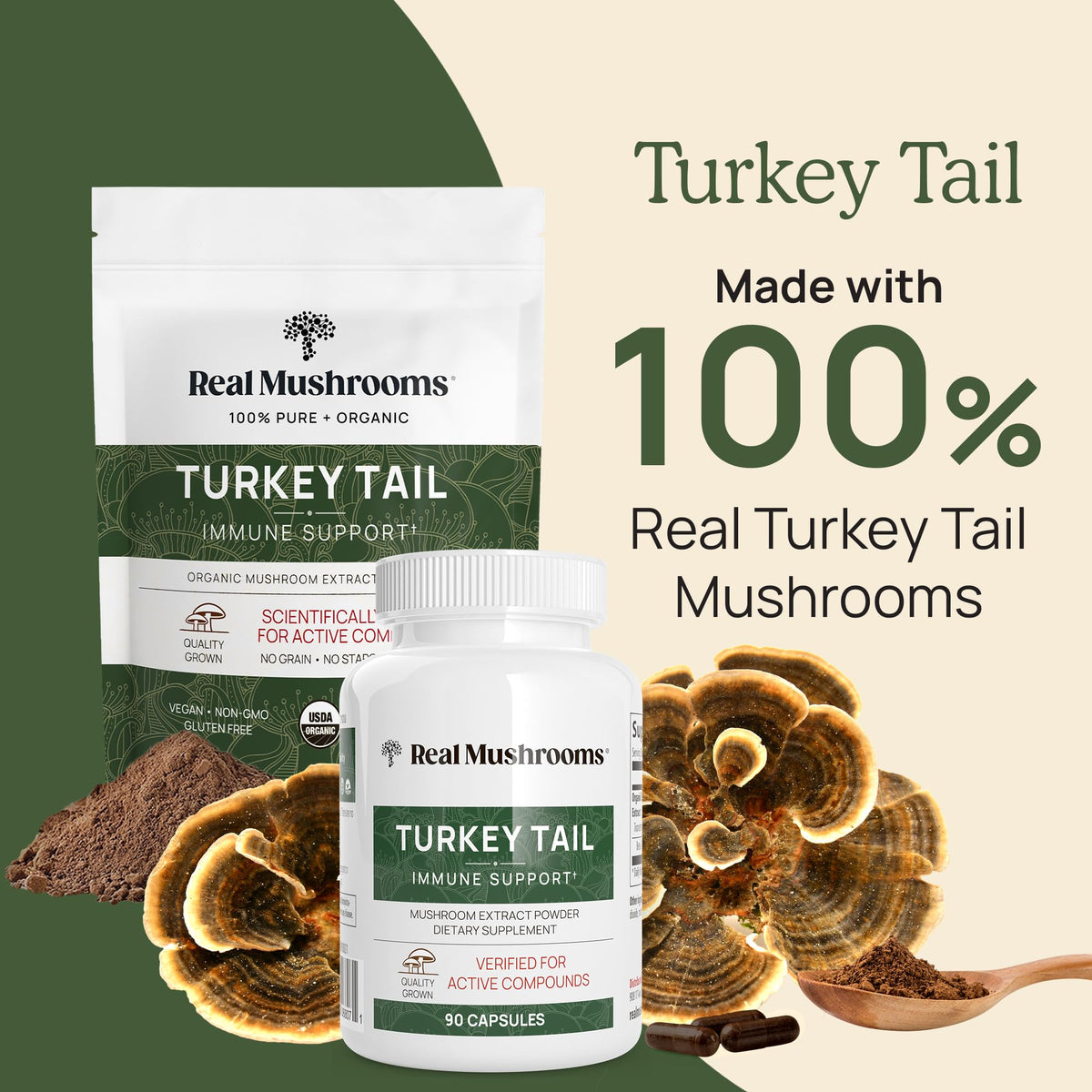 Real Mushrooms Turkey Tail Mushroom Powder – Organic Mushroom Extract for Daily Wellness Gut Harmony, & Energy Support with Beta Glucans – Vegan, Non-GMO, 45 Servings Functional Supplement