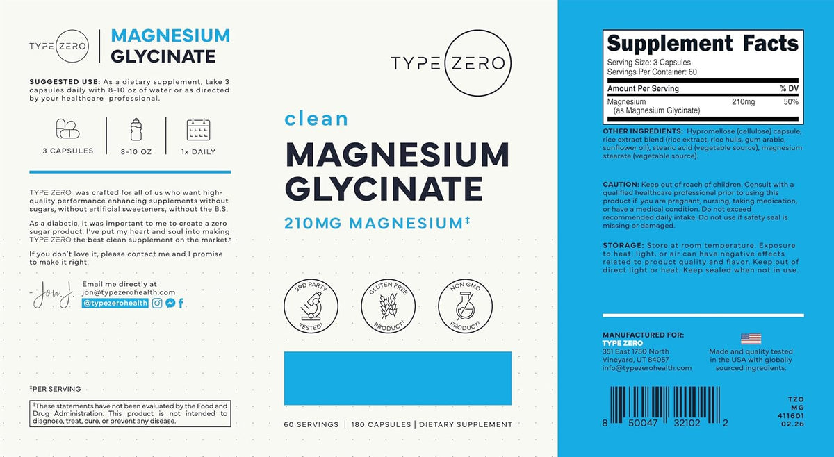 Type Zero Magnesium Glycinate (210mg) 180 Capsules, Gluten-Free, GMO-Free | Natural High Absorption Magnesium Supplement