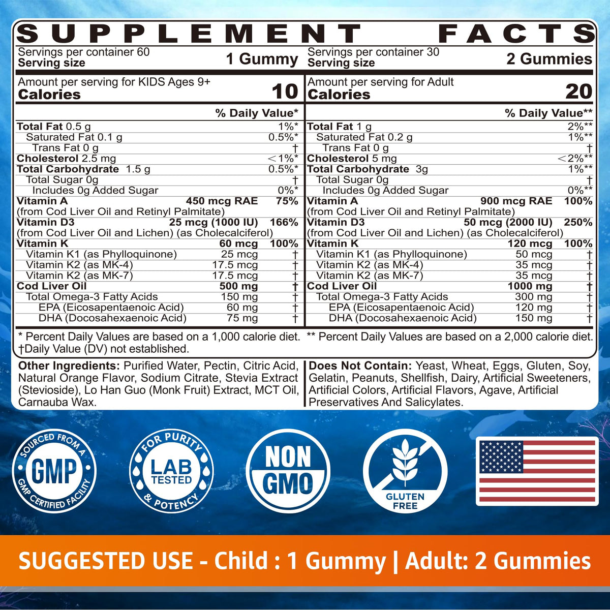 Cod Liver Oil Gummies 1000mg for Kids & Adults - w/Omega 3 (EPA & DHA), Vitamins A, D3 & K2 - Cod Liver Oil Omega 3 Gummies for Immune, Brain & Cognitive Support, SugarFree, Orange Flavor, 120Cts