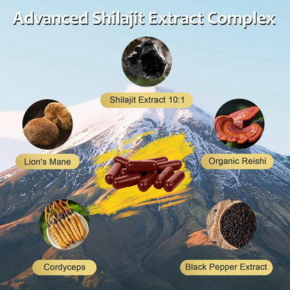 OMOGS Shilajit Pure Himalayan Organic Shilajit Capsules, with Fulvic Acid & 85+ Trace Minerals Complex for Energy, Strength, Stamin & Immunity, for Men/Women - 90 Veg Capsules