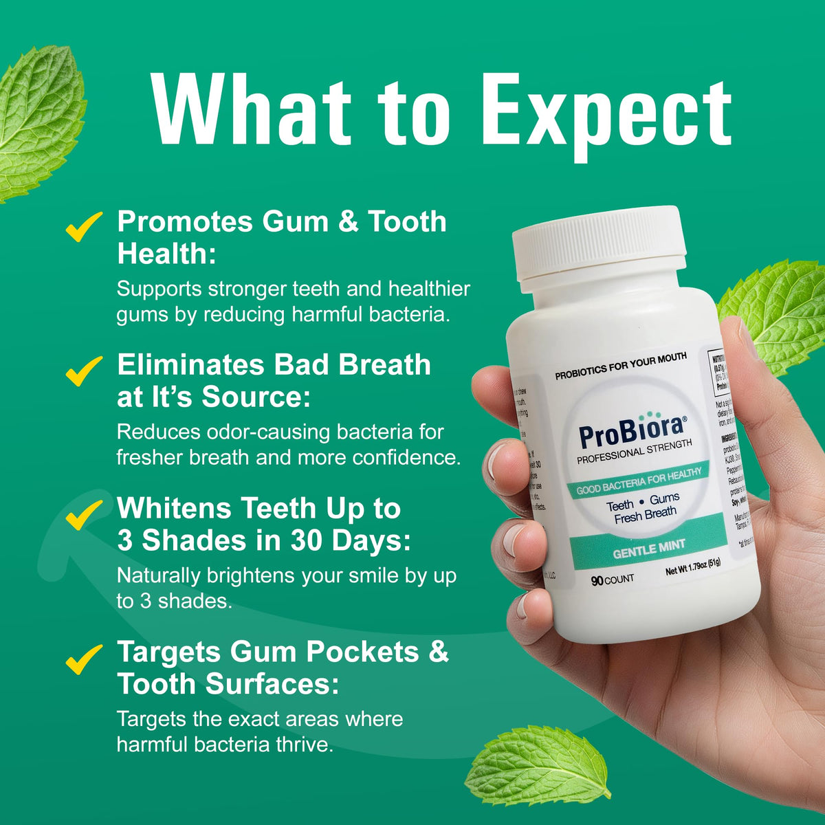 Suplement ​ProBiora Professional Strength Oral Probiotics for Teeth and Gums | Dental Probiotic for Oral Health | Bad Breath Treatment for Adults | Tooth Whitening | ProBiora3 Probiotic Blend | 90 Mint Tablets - VelvetGlow USA