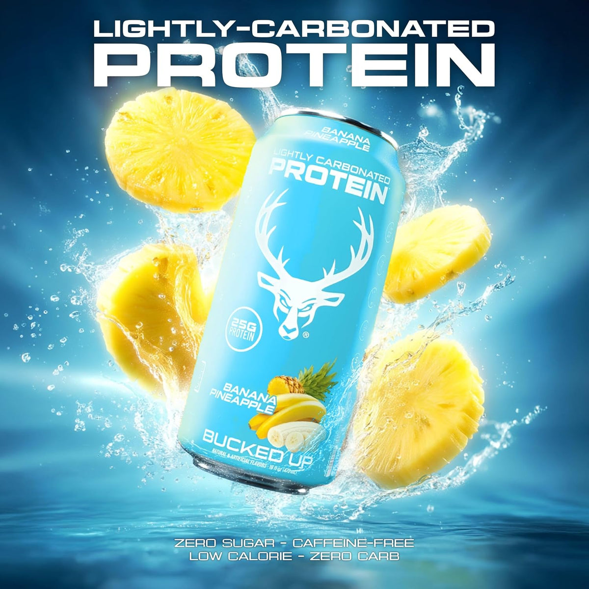 Bucked Up Lightly Carbonated Protein Soda | 25g Whey Isolate - Zero Sugar, Low Calorie, Caffeine Free, Clean Drink | Sparkling Protein Soda - 12 Pack, 16 oz Cans (Banana Pineapple)