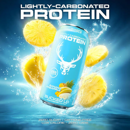 Bucked Up Lightly Carbonated Protein Soda | 25g Whey Isolate - Zero Sugar, Low Calorie, Caffeine Free, Clean Drink | Sparkling Protein Soda - 12 Pack, 16 oz Cans (Banana Pineapple)