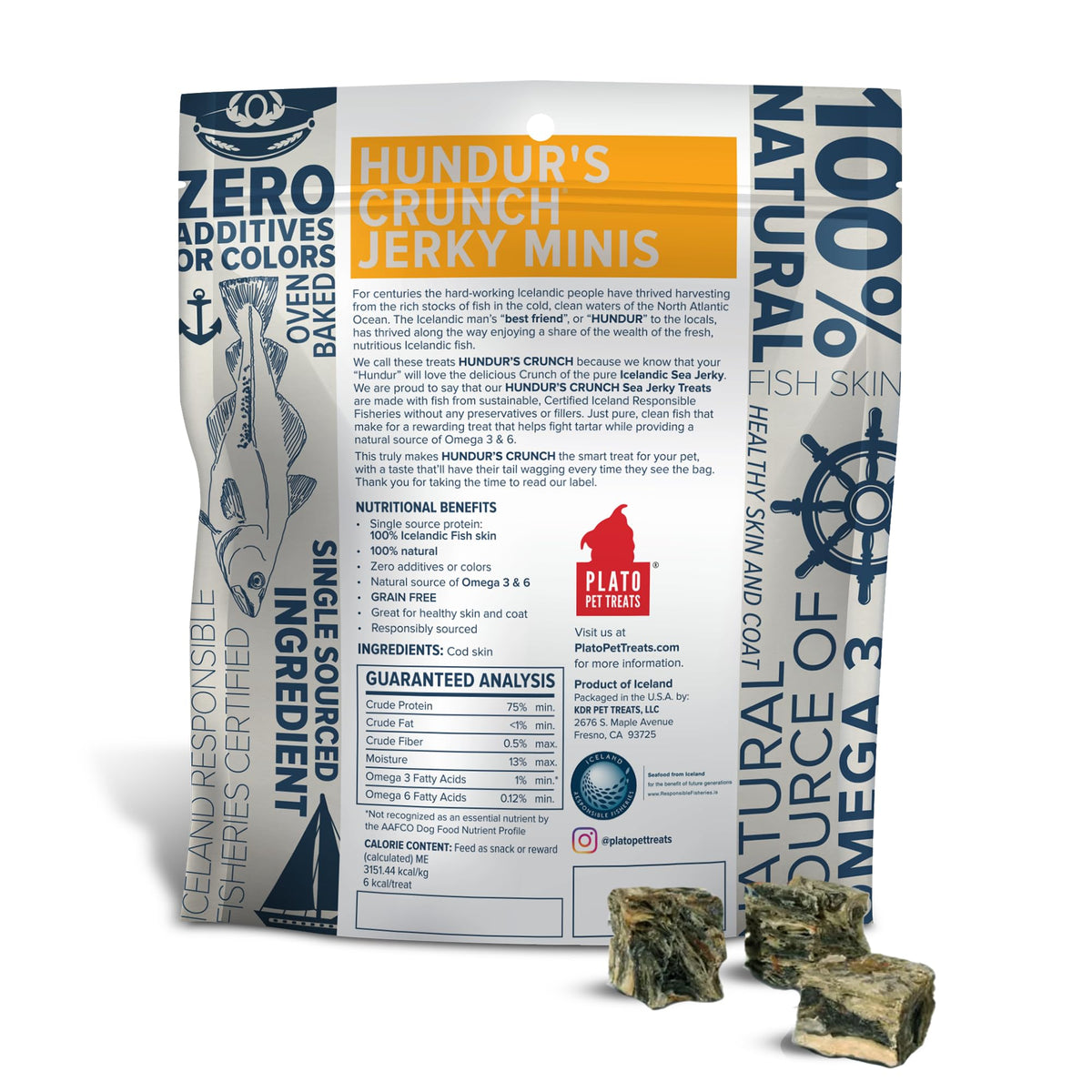 Plato Single Ingredient Wild-Caught Cod Skin Bites Dog Treats, Air-Dried Omega-Rich Skin & Coat Support, 10 oz