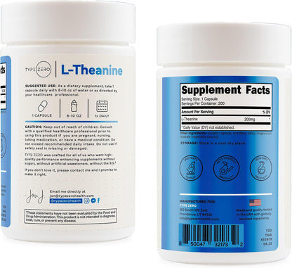 Type Zero L-Theanine (200mg) 200 Capsules, Clean L-Theanine Supplement | Keto, GMO-Free