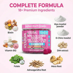 OVA Bloom Ovarian Support Gummies Myo Inositol D-Chiro Inositol Choline Flax Biotin Riboflavin Thiamin Niacin Ashwagandha DIM Maca Root Vitamin C D3 B12 Zinc 60 Count By Clean Nutra Clean NutraceuticalsBuy Supplements Australia
