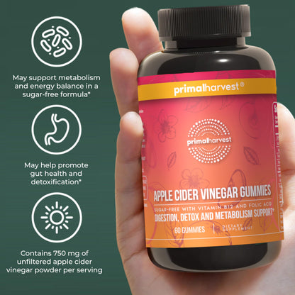 Primal Harvest ACV Gummies, 60 Sugar Free Apple Cider Gummies Beetroot and Pomegranate to Support Immunity, Digestion and Detox 750 MG