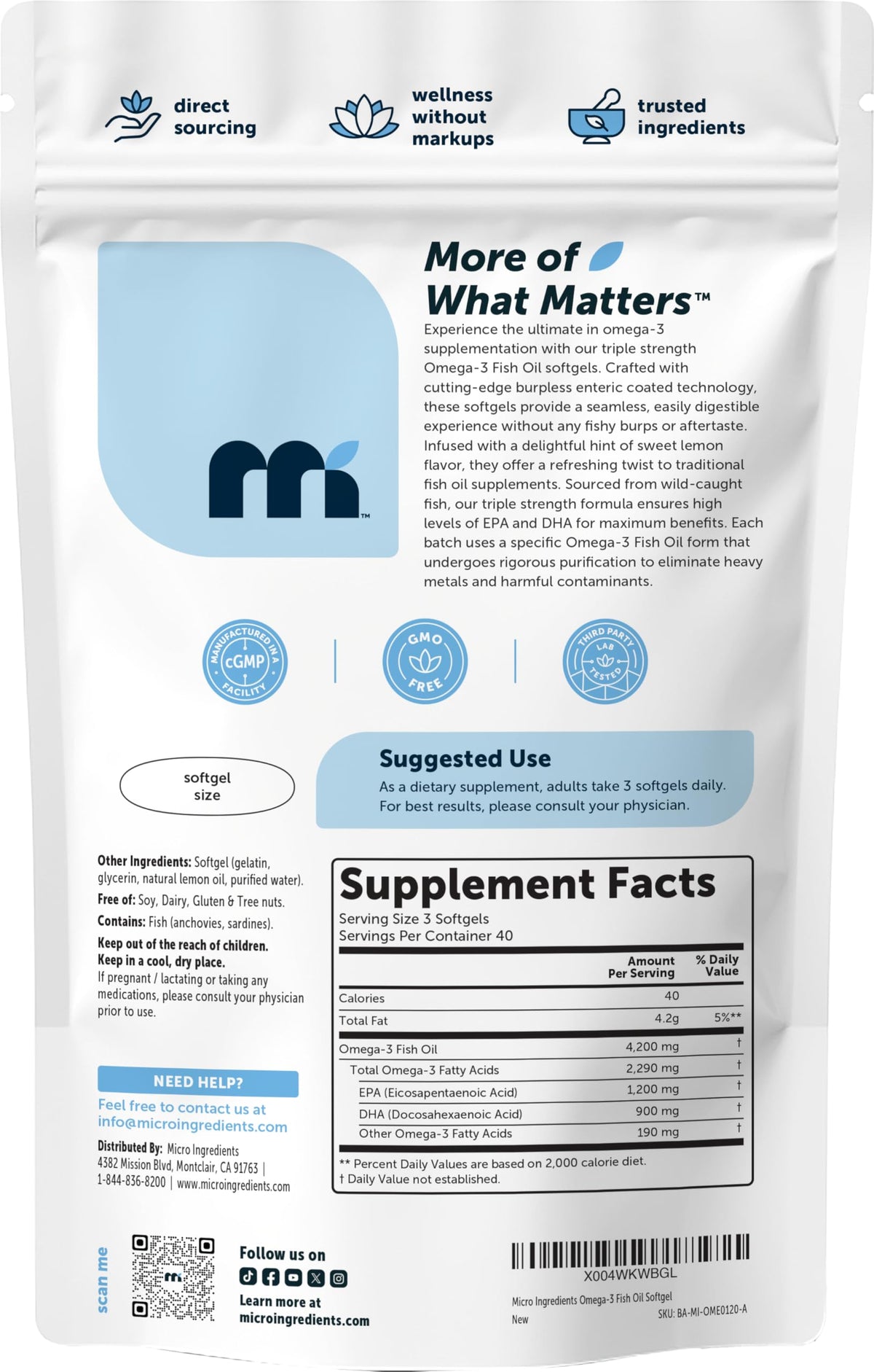 Micro Ingredients Triple Strength Omega-3 Fish Oil 4,200 mg Per Serving | EPA 1200mg + DHA 900mg Per Serving, Wild Caught Fish Source, Lemon-Flavored, 240 Softgels, Burpless, No Fishy Aftertaste.