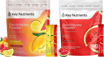 KEY NUTRIENTS Electrolytes Powder Bundle, Variety Pack 10 Count Packets + Juicy Watermelon 20 Count Packets, Sugar Free Hydration Travel Drink Mix with Vitamins & Minerals, No Calories