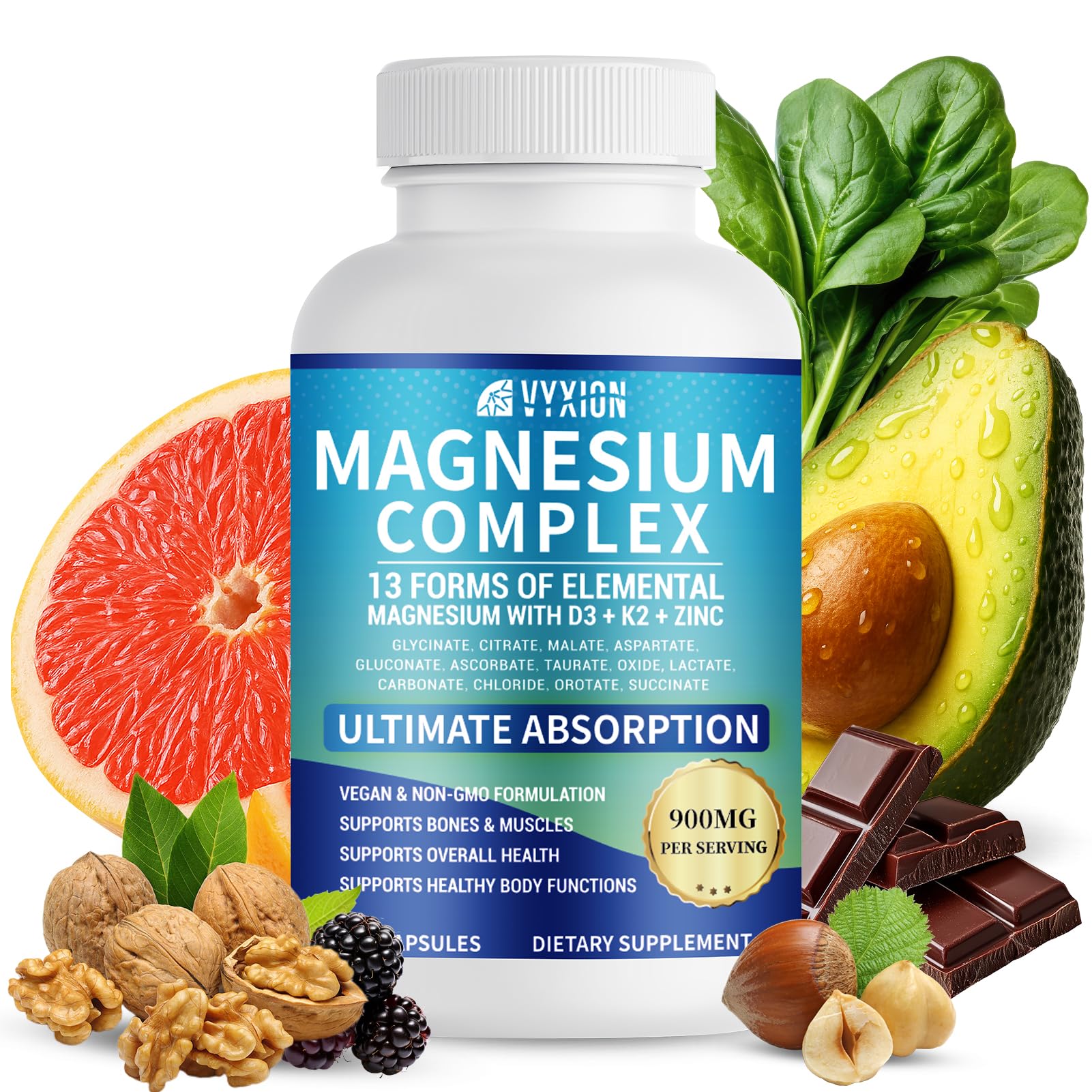 Supplement bottle labeled 'Magnesium Complex' with health foods like avocado, grapefruit, and nuts on a white background.