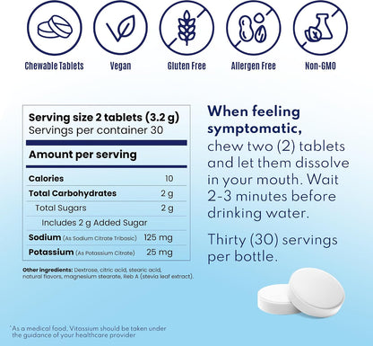 Vitassium FastChews, Chewable Electrolyte Tablets for Management of POTS and High Sodium Diets, Fast-Acting Sodium Tablets, Fruit Punch, 60 Count