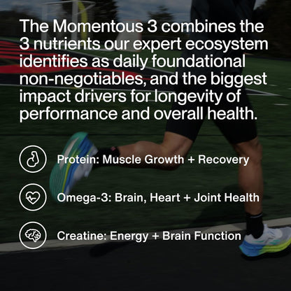 Momentous Three - Creatine Monohydrate Powder (90 Servings), Grass-Fed Whey Protein Powder (Vanilla) & Omega-3 Fish Oil 1600mg - Daily Essentials for Strength, Performance & Lean Muscle Recovery