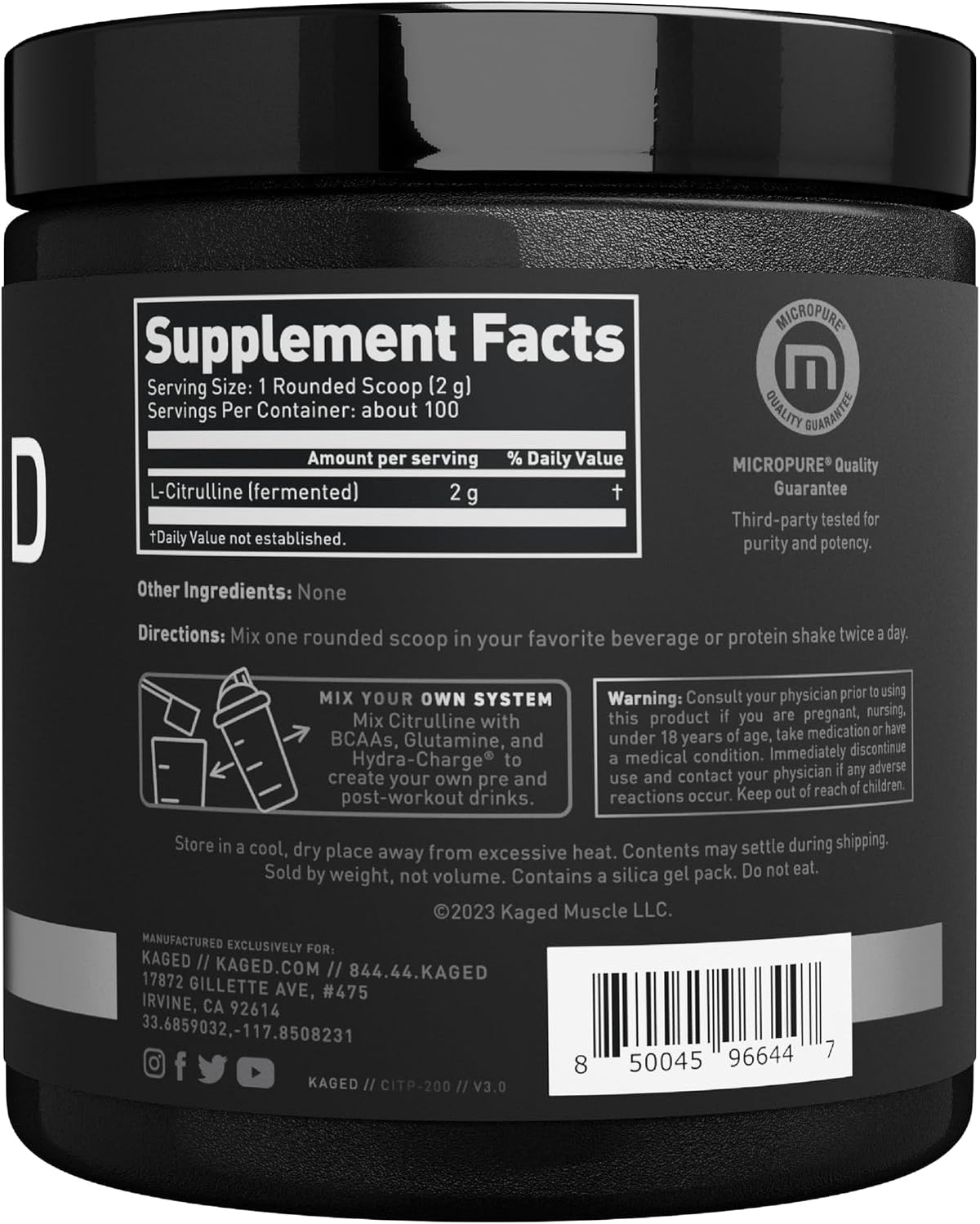 Kaged L-Citrulline Powder | Nitric Oxide Booster | Enhanced Pumps | Improve Muscle Vascularity | Supplements for Men & Women | Unflavored | 100 Servings