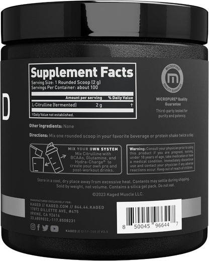 Kaged L-Citrulline Powder | Nitric Oxide Booster | Enhanced Pumps | Improve Muscle Vascularity | Supplements for Men & Women | Unflavored | 100 Servings